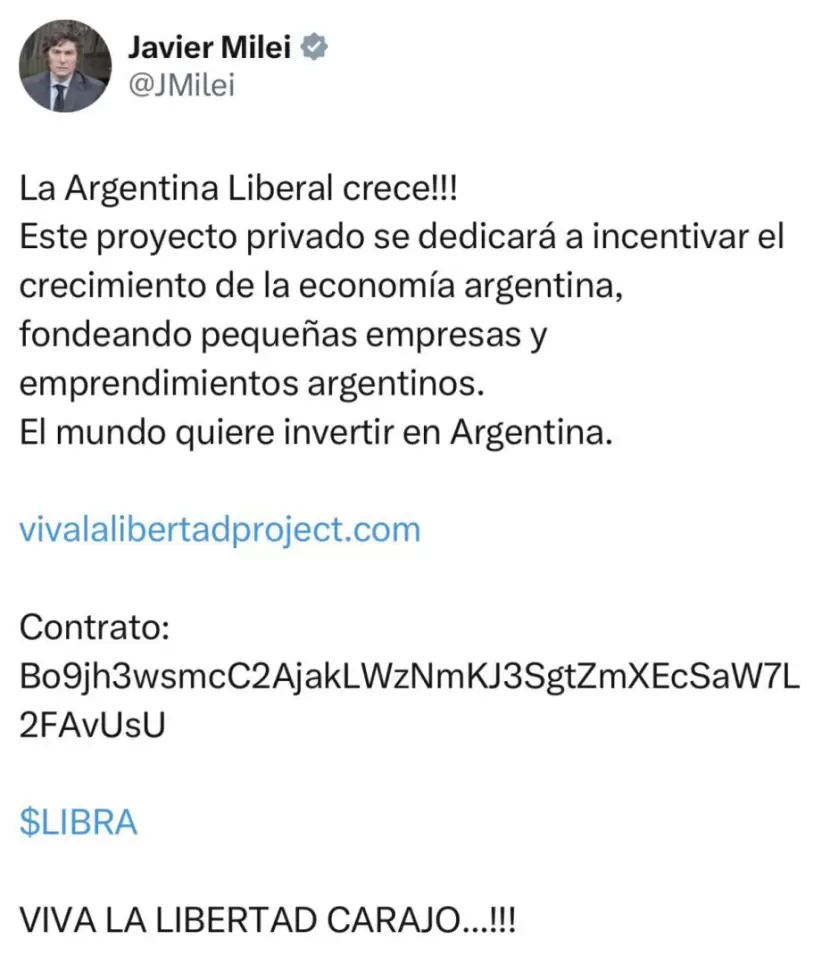 La publicacin de Javier Milei promocionando $Libra