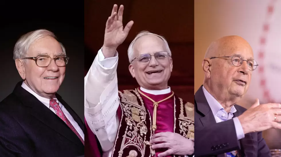 Warren Buffet, Leon XIV y klaus schwab