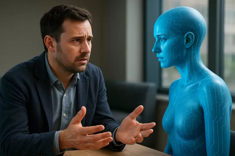 Persona hablando con un avatar.