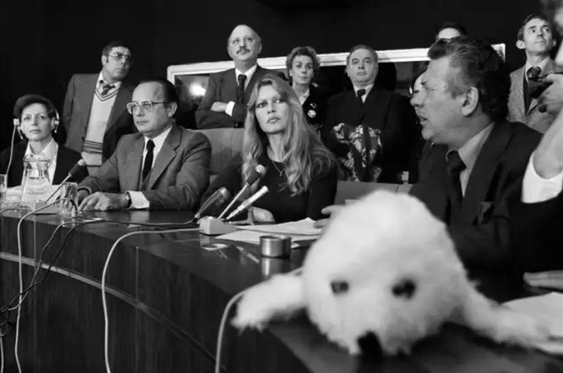 Brigitte Bardot activista, un muñeco de foca bebé, simbolizando su campaña contra la caza de focas bebé en Canadá.