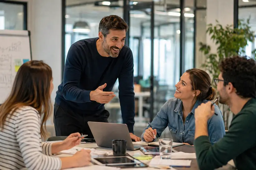 reunión de trabajo (oficina, jefe, empleados) - Imagen creada con IA