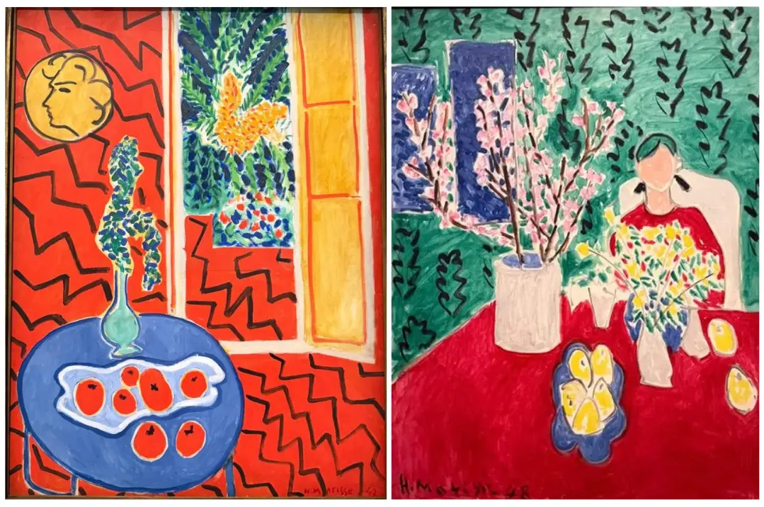 IZQ: "Interior rojo, naturaleza muerta sobre mesa azul", 19
DER: "Flores de ciruelo, fondo verde", 1948. Óleo sobre lienzo. Pinacoteca Agnelli, Turín