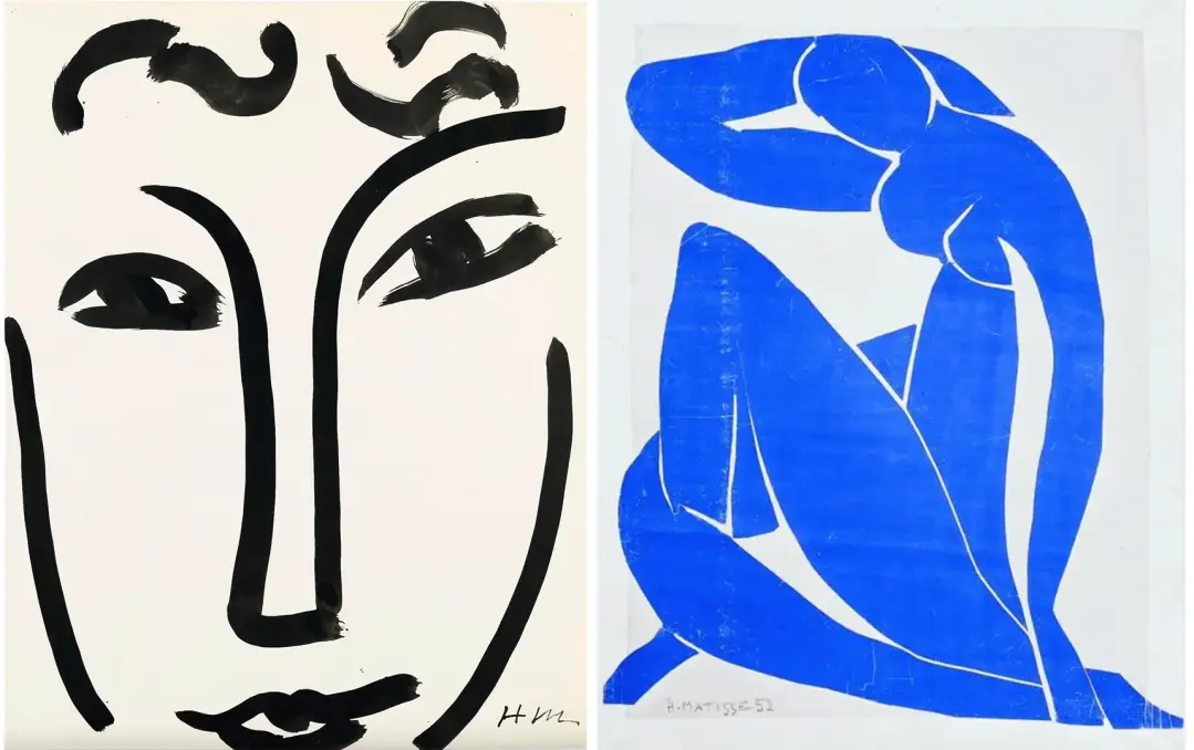 IZQ: "Visage (Rostro)", 1952. Pincel y tinta sobre papel.
DER: 'Nu Bleu II', (Desnudo azul II), 1952