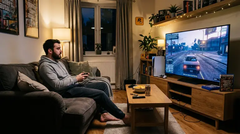 SE PUEDE USAR/Persona jugando GTA                    Foto: Ilustración creada con IA