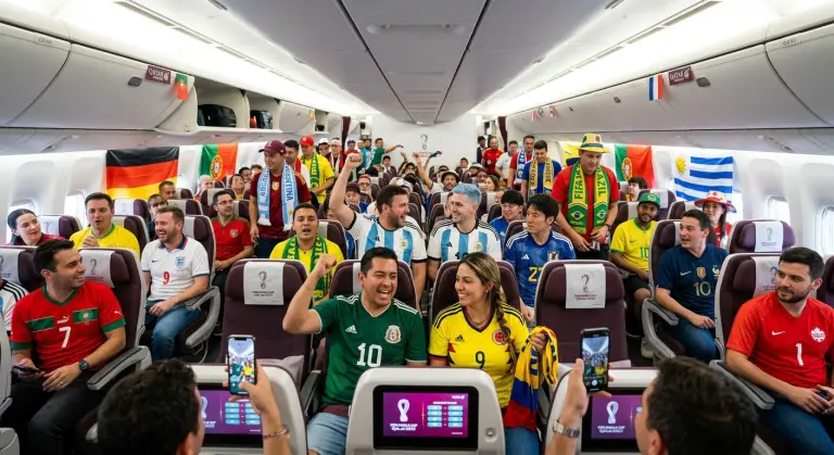 SE PUEDE USAR/Hinchas volando para ver la Copa del Mundo              Foto: Ilustración creada con IA