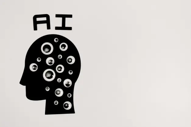 Ilustración abstracta de IA con cabeza en silueta llena de ojos, simbolizando observación y tecnología.