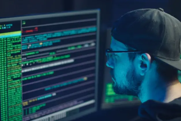 Un experto en ciberseguridad inspeccionando líneas de código en múltiples monitores en una oficina poco iluminada. (Foto: Pexels)