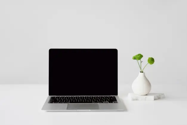 Espacio de trabajo simple y limpio con un portátil y un pequeño jarrón con flores verdes. Perfecto para minimalistas. (Foto: Pexels)