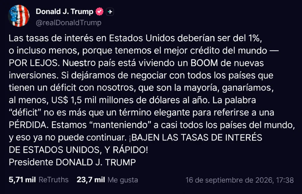 Posteo de Donald Trump en Truth Social. - (Foto: captura de pantalla de Truth Social traducida con IA)