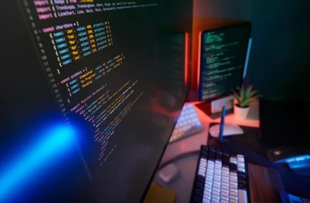 Un espacio de trabajo vibrante con código colorido en monitores de computadora, ideal para desarrolladores.