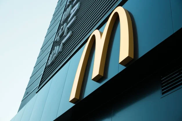Gran cartel de arco dorado de restaurante de comida rápida en la fachada de un edificio moderno.