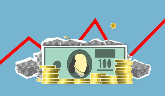 Ilustración que representa el crecimiento financiero con dinero, monedas y un gráfico en ascenso.