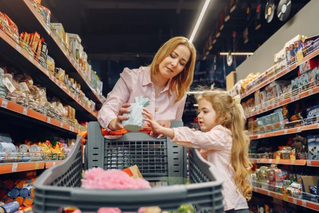Una madre y su hija comprando juntas en un pasillo del supermercado, disfrutando de tiempo de calidad.