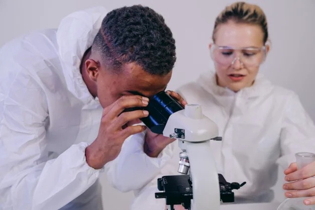 Dos científicos en un laboratorio examinando muestras a través de un microscopio, enfocándose en la investigación científica.