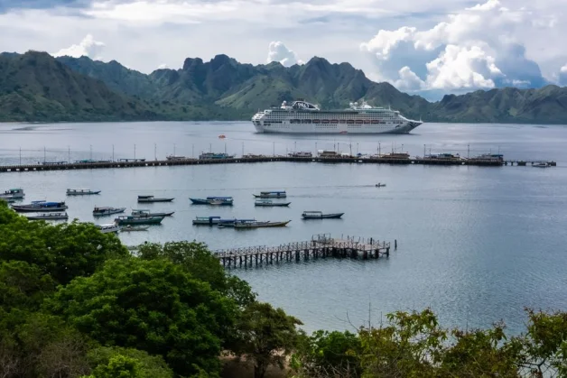 Gran barco de crucero anclado en una pintoresca bahía con montañas verdes exuberantes, botes y un muelle.