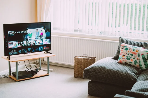 Sala de estar chic y cómoda con un sofá moderno, cojines decorativos y una TV transmitiendo programas populares.