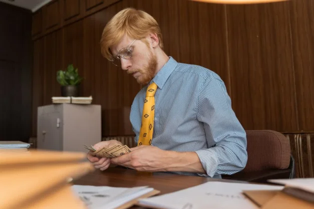 Empresario serio contando efectivo en su escritorio en un entorno de oficina con paneles de madera.